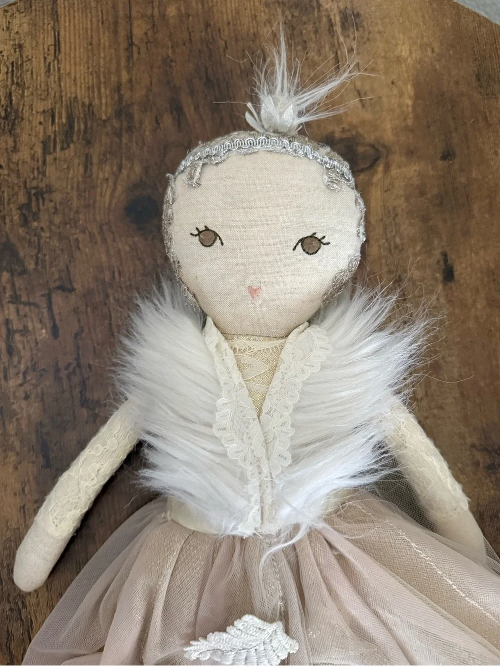 Pottery Barn Kids Cream and White Fabric Decorative Doll with Faux Fur